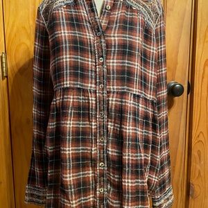 Johnny Was Plaid Button-Up Blouse - Brown and Cream NWT